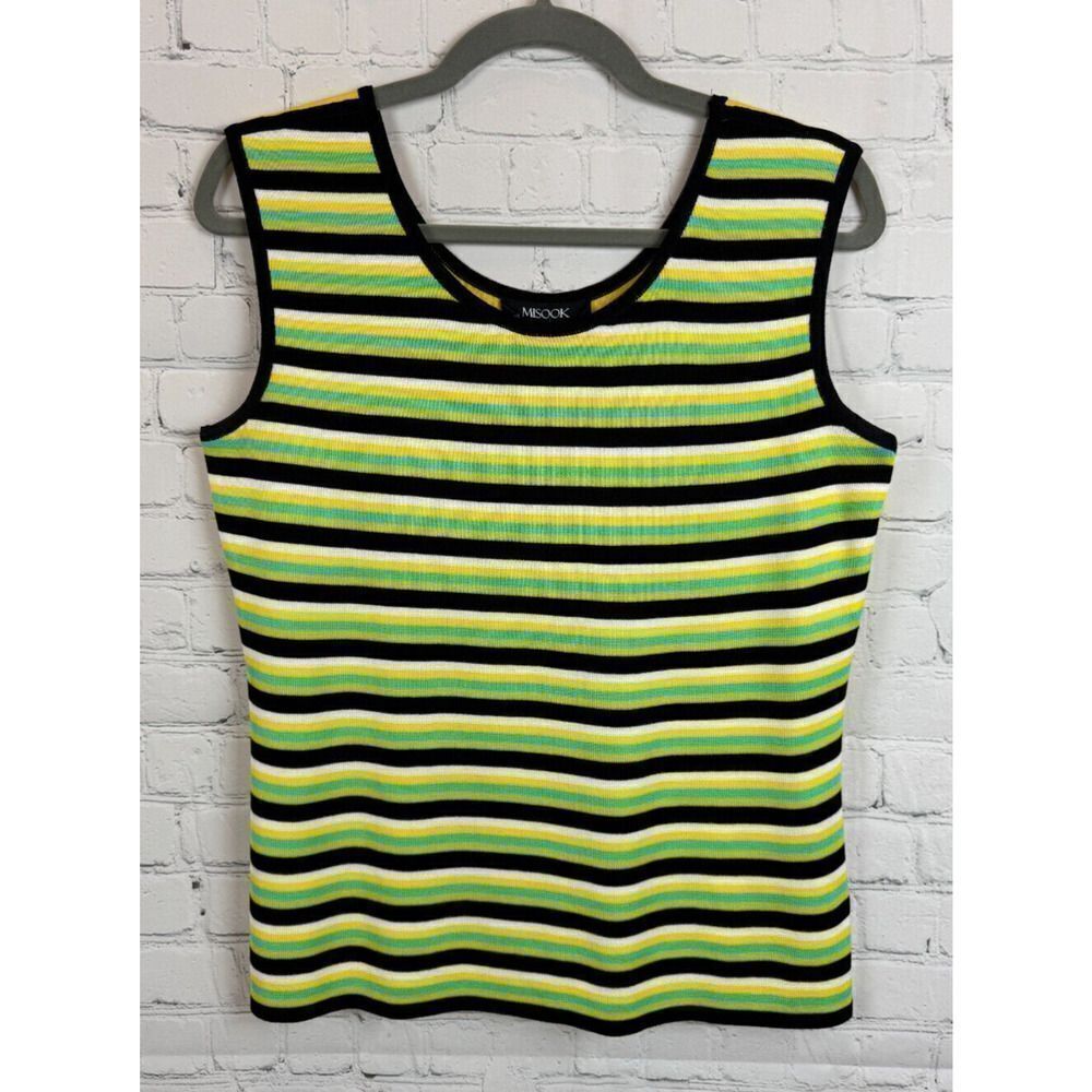 MISOOK yellow green blue white black striped sleeveless knit top sweater S NWOT